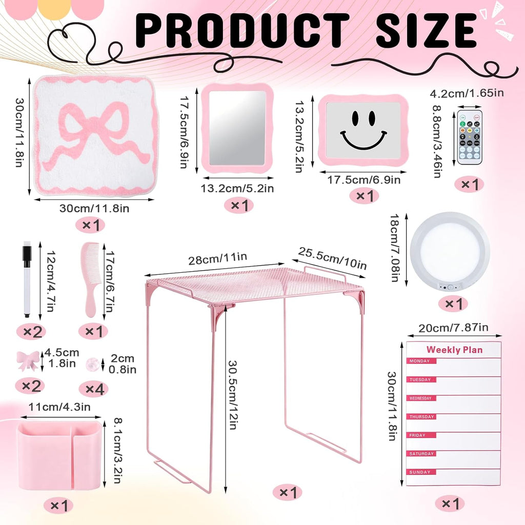 Pink Locker Accessories Kit 16PCS, School Locker Organizer Set with Shelf, Magnetic Mirror, Whiteboard Marker, Pen