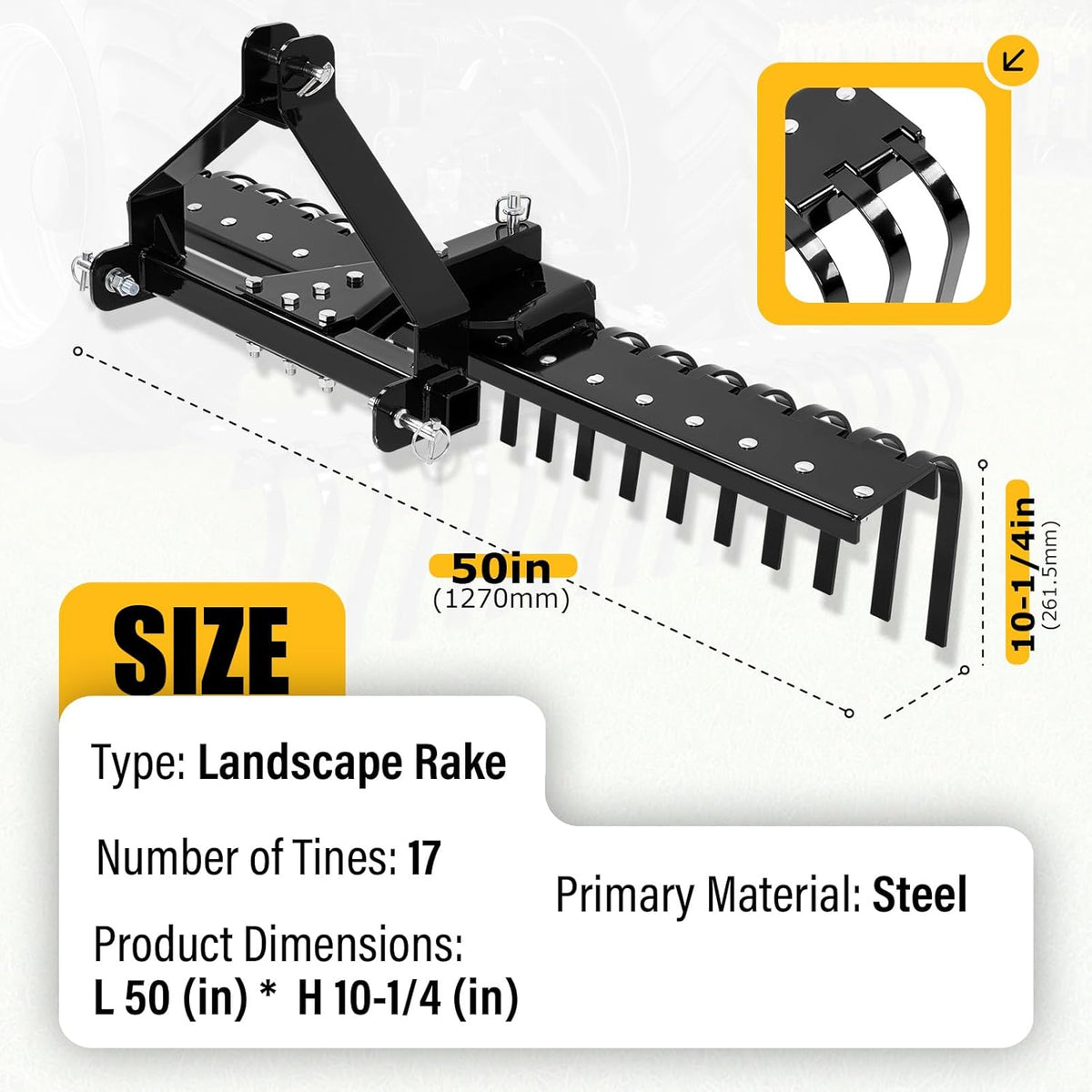 50In Landscape Rake Compatible with Category-0 Cat0 Tractor 3 Point & 5-Position Angle Adjustment for Garden, Farm