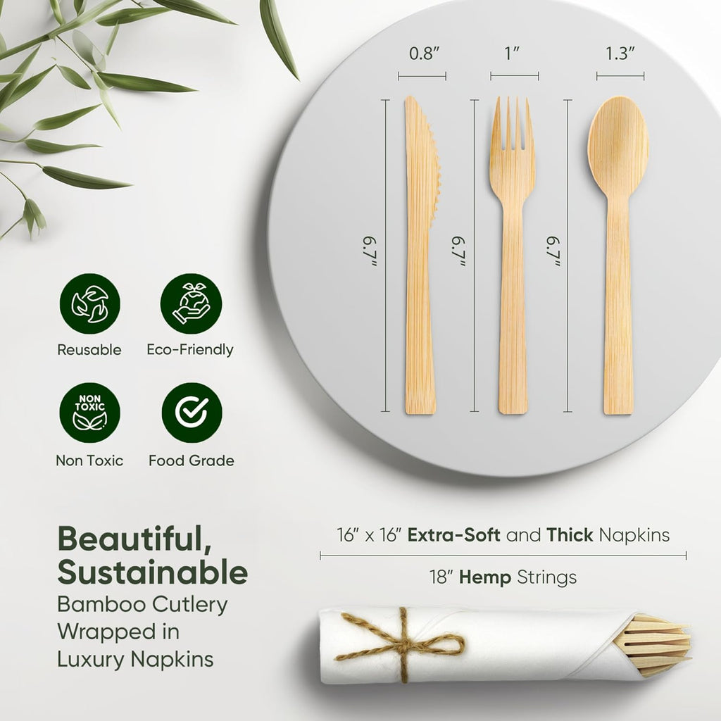 Premium Pre-Rolled Napkin and Bamboo Cutlery Set, 30 Pack, 120 PCS