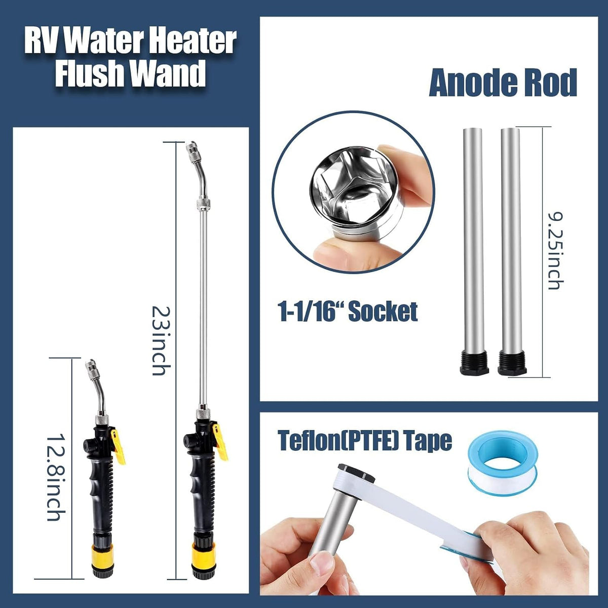 5 Pack RV Water Heater Anode Rod & Flush Wand Kit for Suburban