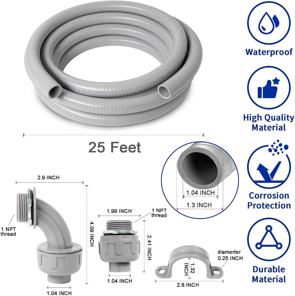 (1 inch Dia * 25 Feet) Yariwiz Flexible Electrical Conduit Liquid Tight PVC Conduit Kit with 3 PCS Coupling, 3 PCS