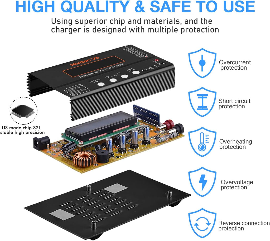 6A Lipo Battery Charger, 1S-6S Balanced Charger Discharger, 1-6S Lipo Li-ion NiMH NiCD Li-Fe Battery with Tamiya XT60