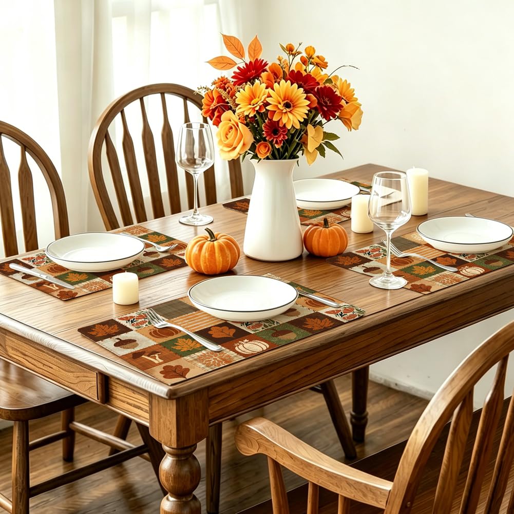Plaid Pumpkin Maple Leaves Fall Placemats Set of 4