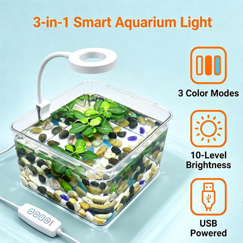 Small Aquarium Light Clip on Fish Tank Light LED USB Full Spectrum Light with Dimmer Multi-Color White+Blue+Red for