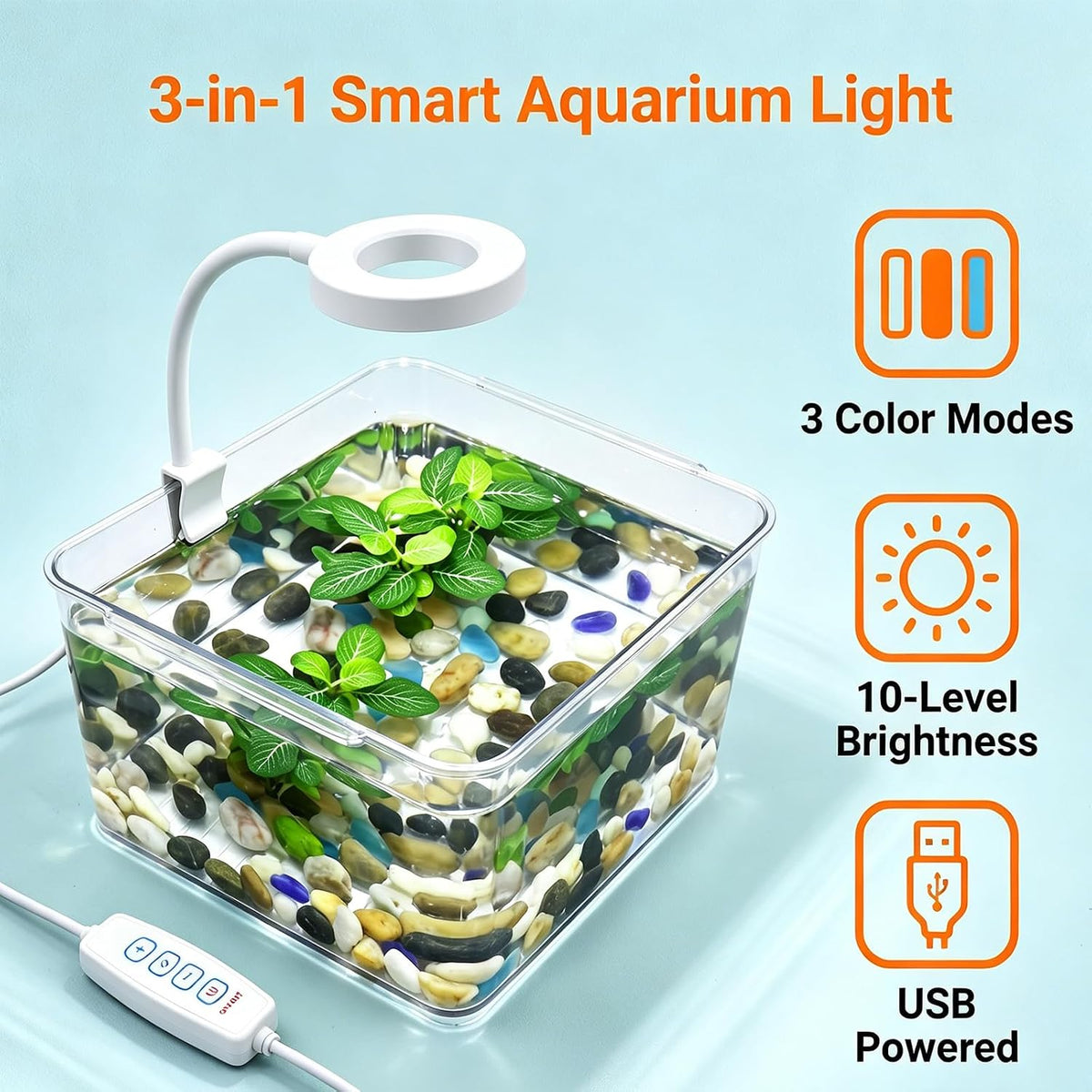 Small Aquarium Light Clip on Fish Tank Light LED USB Full Spectrum Light with Dimmer Multi-Color White+Blue+Red for