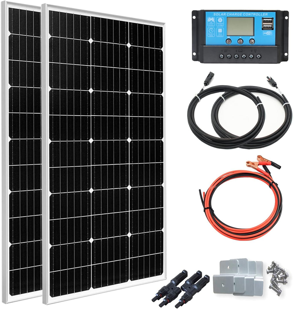 200 Watt Solar Panel Kit PERC Monocrystalline 100W Solar Panel 20A Charge Controller Extension Cable for 12V Off-Grid
