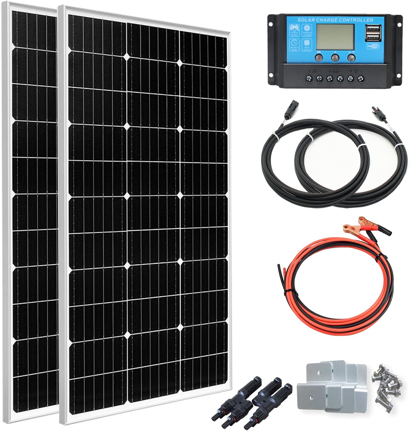 200 Watt Solar Panel Kit PERC Monocrystalline 100W Solar Panel 20A Charge Controller Extension Cable for 12V Off-Grid