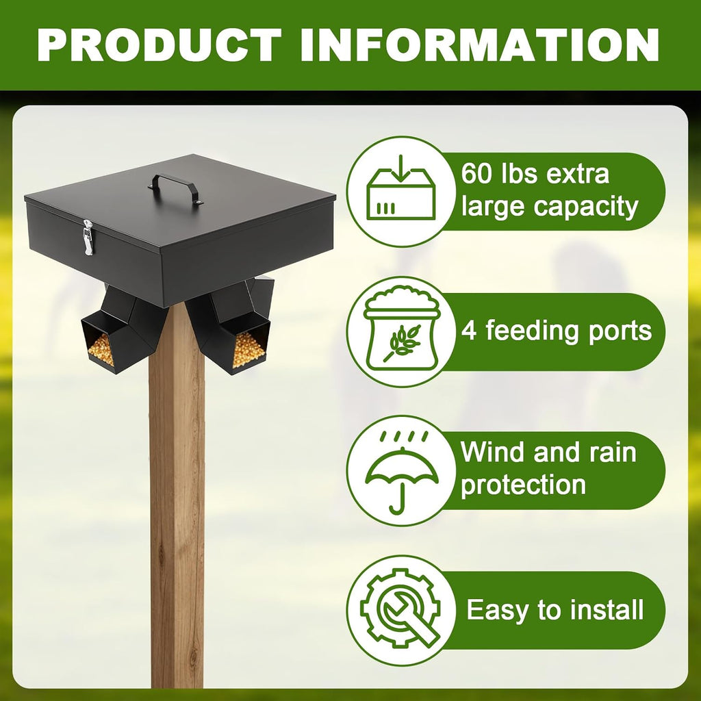 60lb Gravity Deer Feeder. Heavy Duty Deer Feeder with 4 Feed Head and Mounting Post, Galvanized Steel Metal Portable