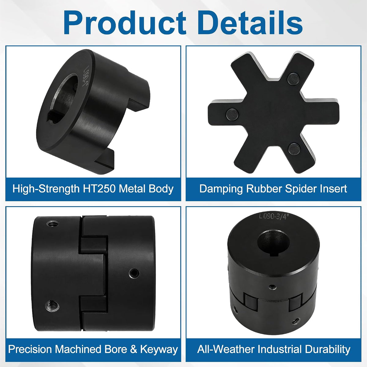 L090 L-Jaw Coupling, 3/4 to 1 in, Flexible Log Splitter Pump Coupler