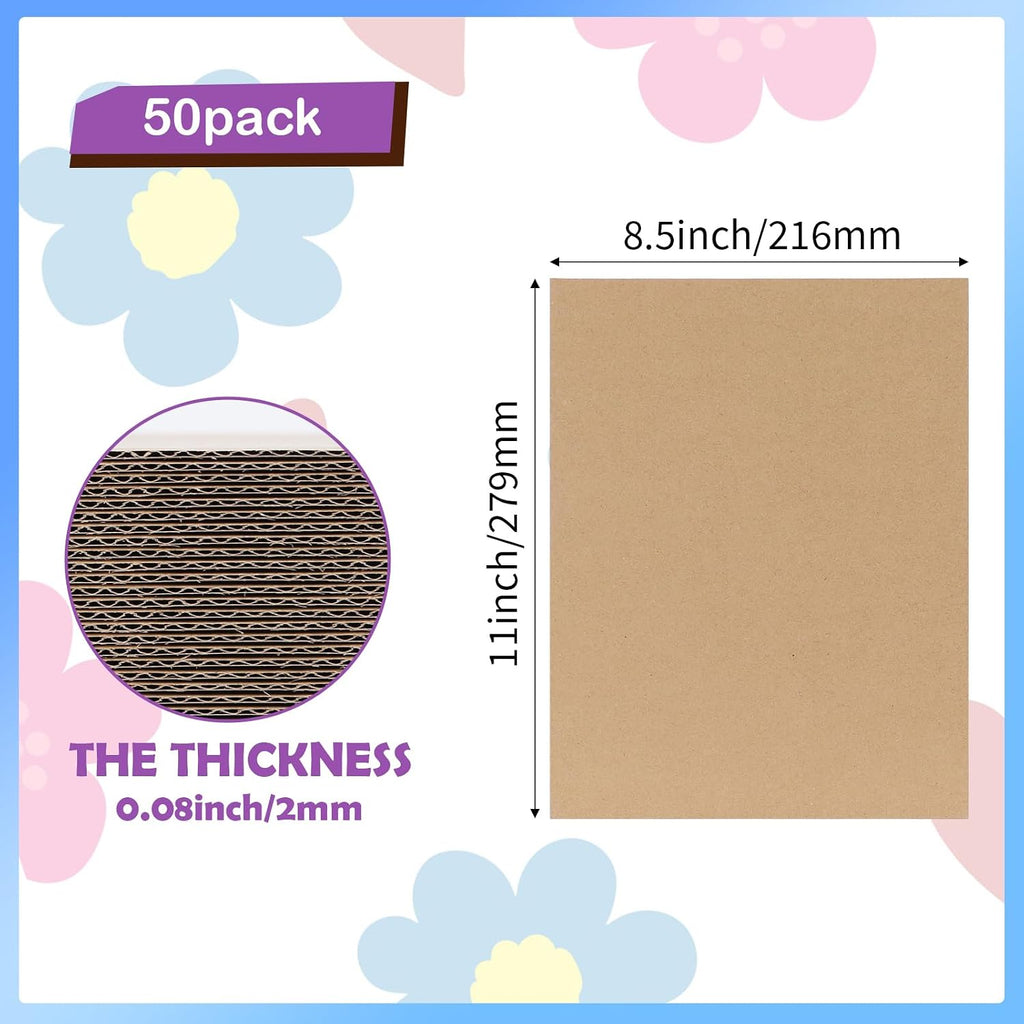 50 Pack 8.5x11 Corrugated Cardboard Sheets, Flat Cardboard Inserts for Shipping, Mailing, Packing, DIY Crafts