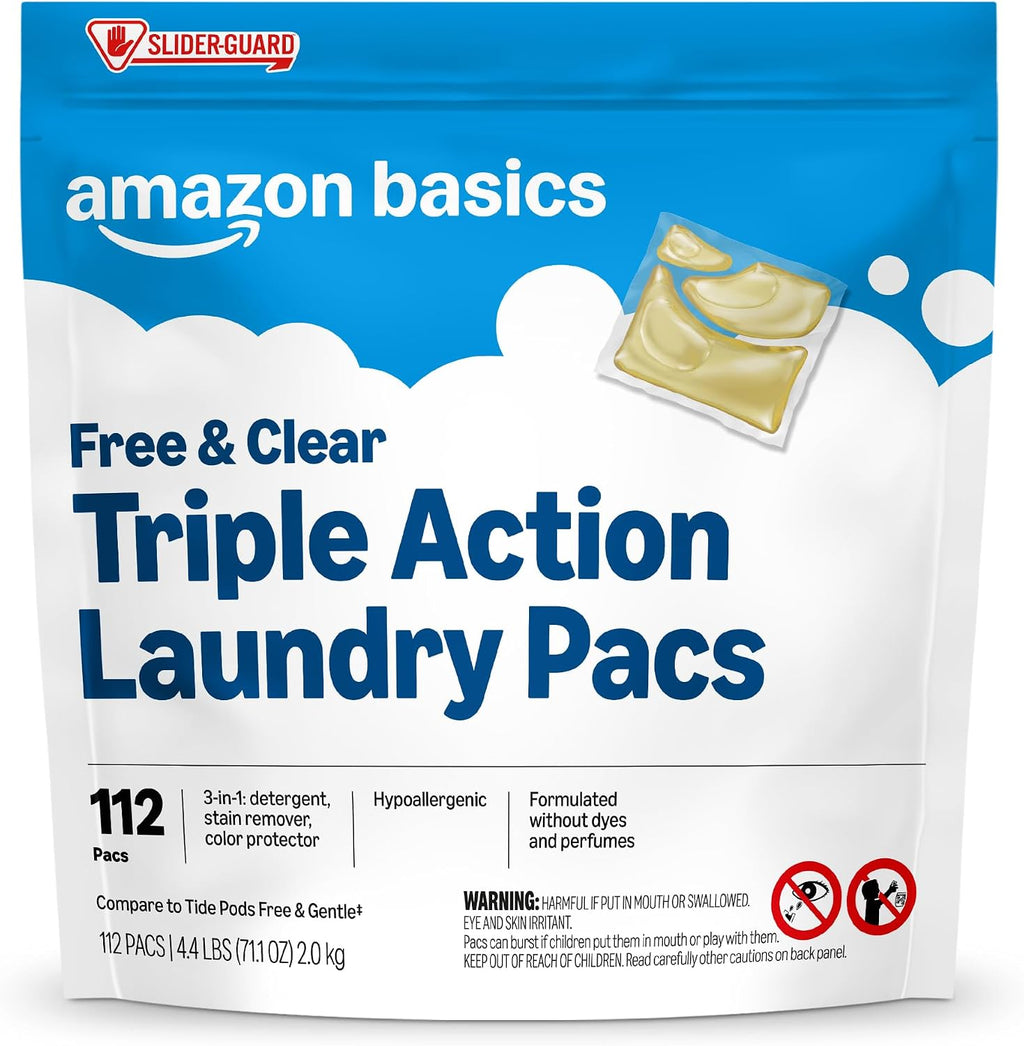 Laundry Detergent Pacs, Free & Clear, Powerful Triple Action, Hypoallergenic, Unscented, 112 Count