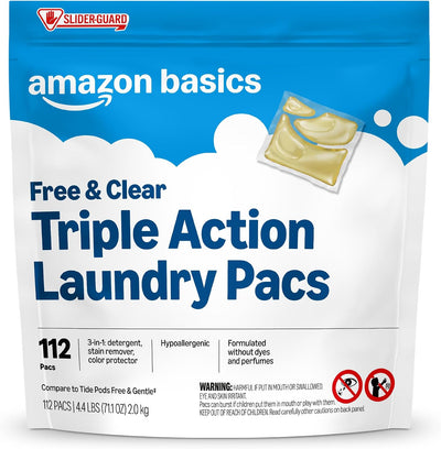 Laundry Detergent Pacs, Free & Clear, Powerful Triple Action, Hypoallergenic, Unscented, 112 Count