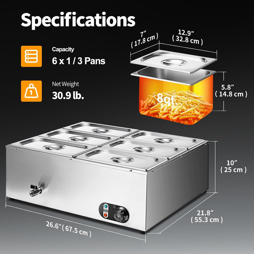 Commercial Food Warmer 48 Qt Stainless Steel Steam Table Countertop Buffet Warmer, 6-Pan 1500W Electric Bain Marie