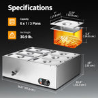 Commercial Food Warmer 48 Qt Stainless Steel Steam Table Countertop Buffet Warmer, 6-Pan 1500W Electric Bain Marie