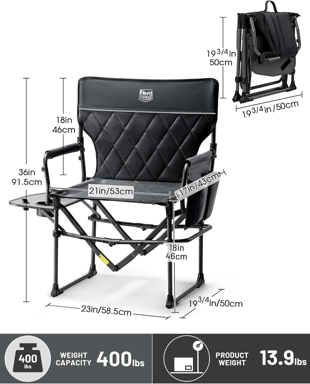 400lbs Heavy Duty Camping Chair Portable Directors Chair | Folding Camp Chair with Side Table & Pocket Compact Size