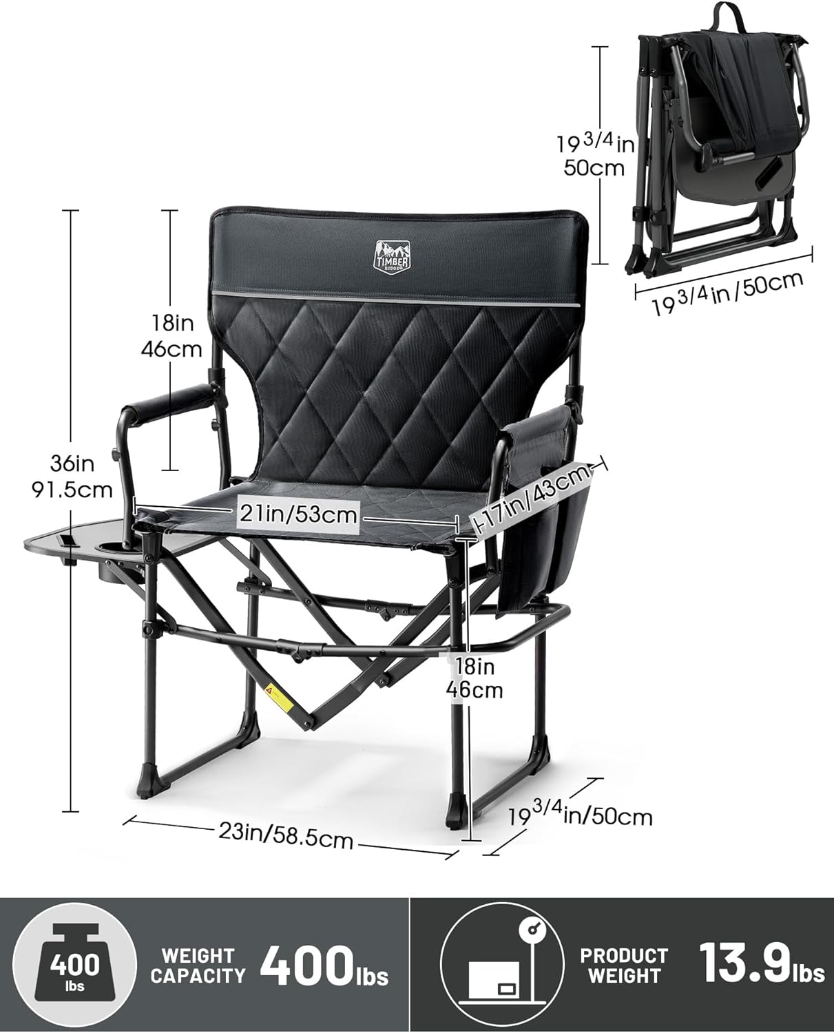 400lbs Heavy Duty Camping Chair Portable Directors Chair | Folding Camp Chair with Side Table & Pocket Compact Size