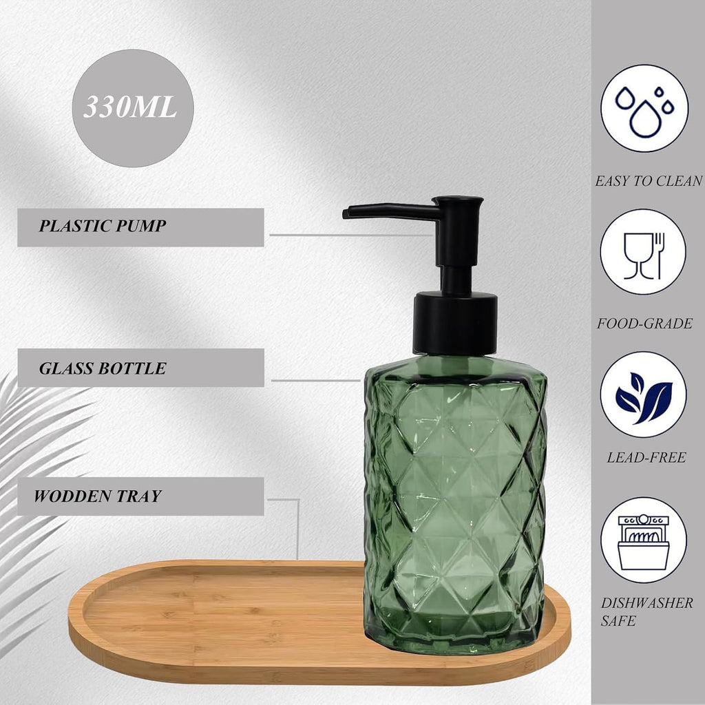 12oz Green Glass Hand and Dish Soap Dispenser Set, Diamond Design, Set of 2 | Bathroom Soap Dispenser with Plastic