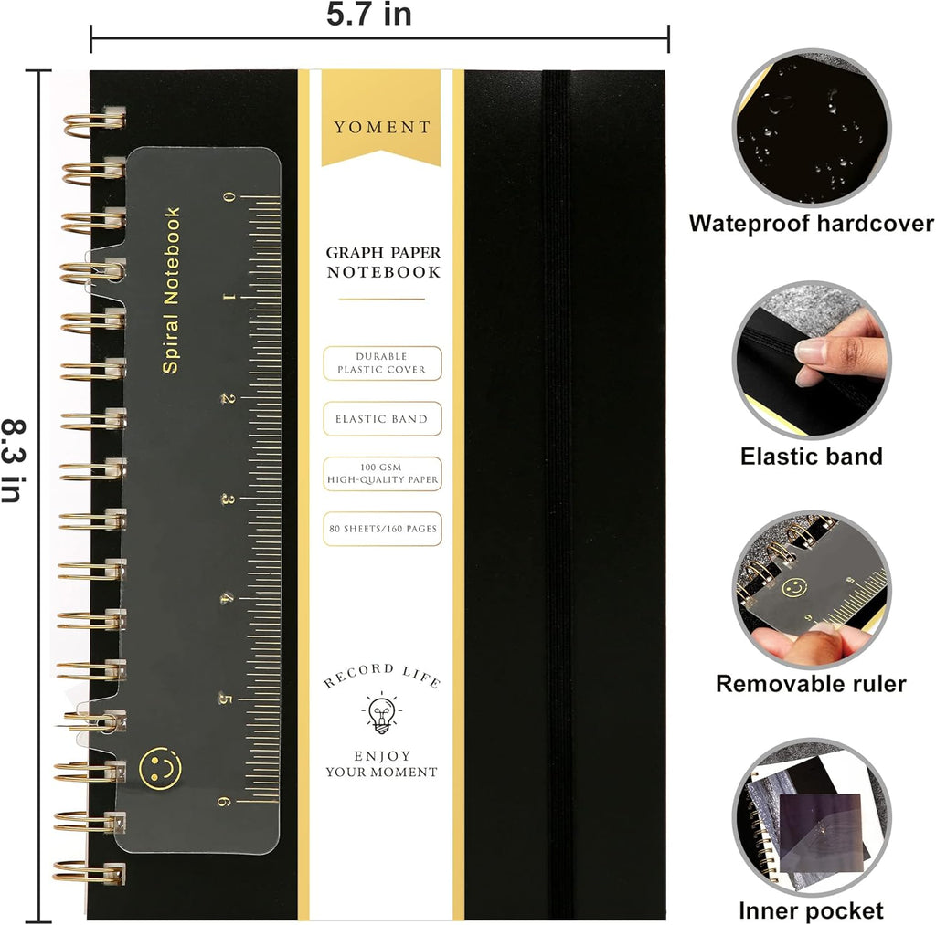 Graph Paper Spiral Notebook A5 Graphing Notebook 160 Pages Graph Paper Notebook Spiral Bound Waterproof Plastic