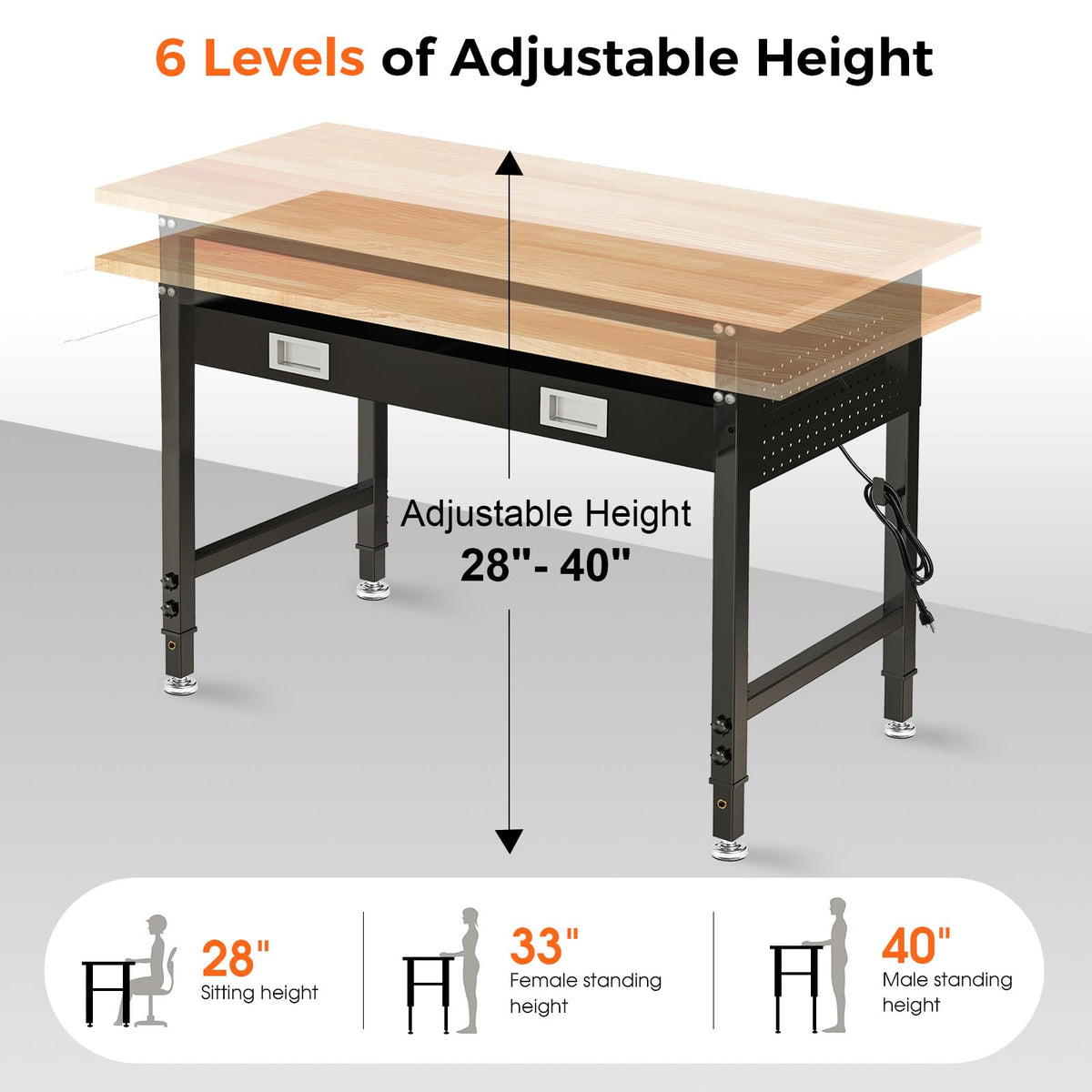 60" Adjustable Work Bench with Drawers, Workbench for Garage with Strip Light, Work Table with Large Pegboard, 2000