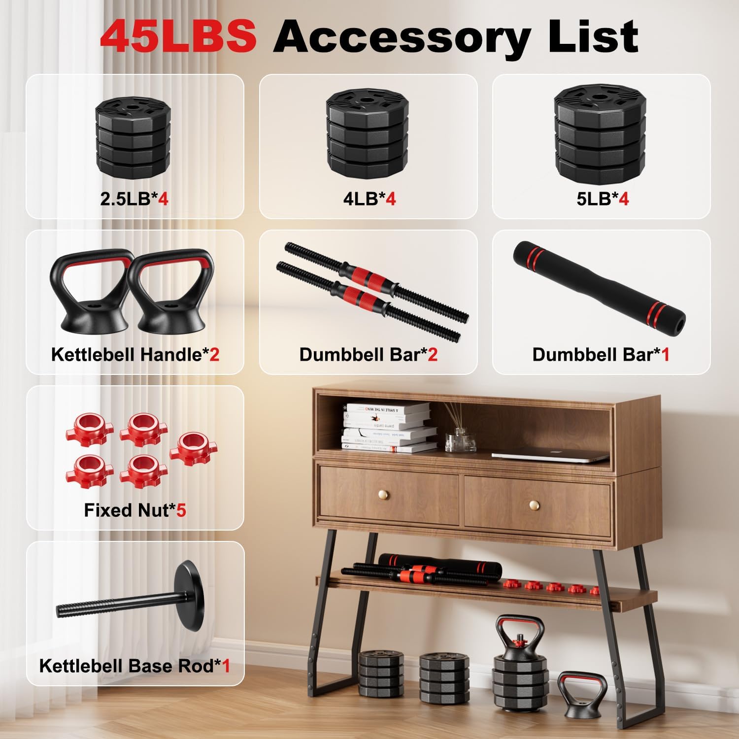 Adjustable dumbbell set, 20/30/45/70/90lbs Free Weight Set with Connector, 5 in1 Multi-Function Dumbbells Set Used as