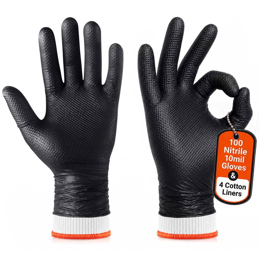 BBQ Gloves Disposable, 100 Nitrile Gloves + 4 Cotton Liners, 10 Mil, Large