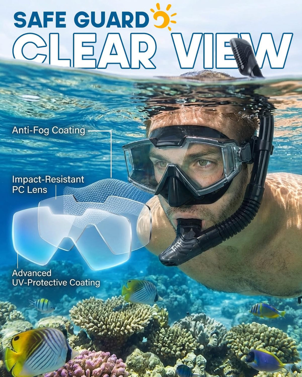 Snorkel Set for Adults, Snorkel Mask with Dry Snorkel, 180° Panoramic Anti-Fog and Anti-Leak, Diving Mask for