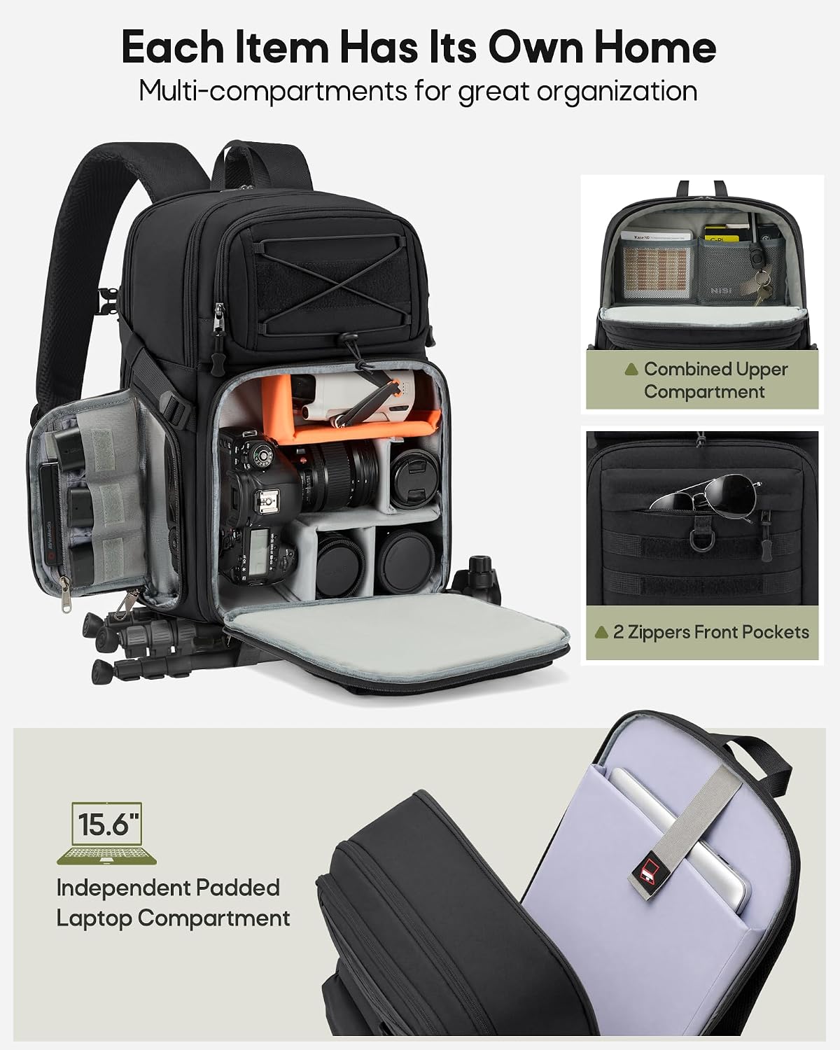 Camera Backpack, DSLR/SLR/Mirrorless Tactical Camera Bag Cases | Waterproof camera bags for photographers with 15.6"