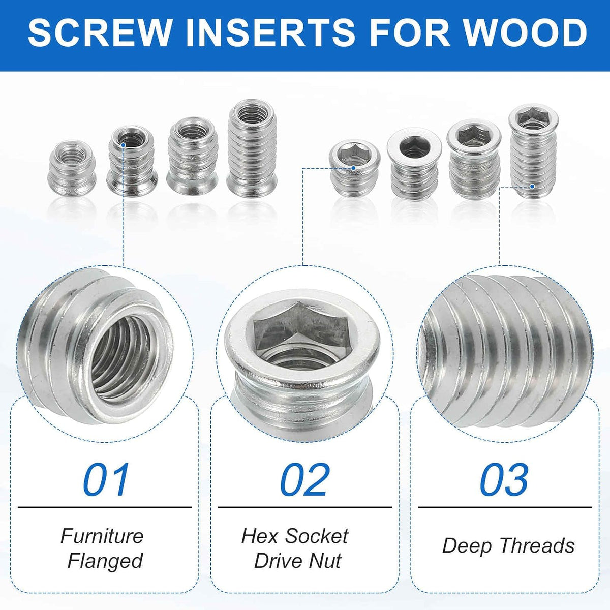 MECCANIXITY 6Pcs Threaded Inserts Nuts, M8x20mm Hex Socket Drive Nut Inserts for Wood - 304 Stainless Steel Screws Furniture Screw in Nuts Bolt Fastener Connector Wood