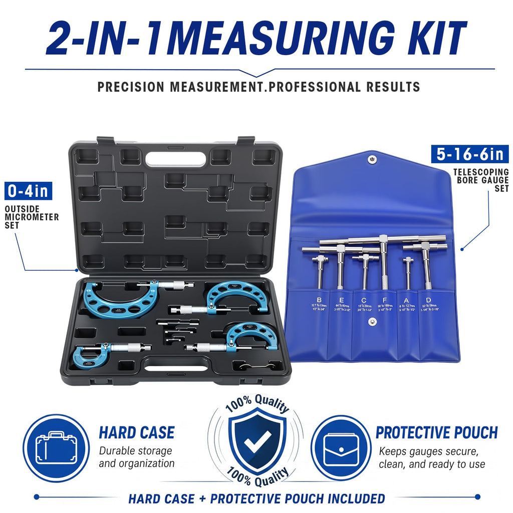 Tallew 1 Set Micrometer Set 0-4", Telescoping Bore Gauge Machinist 5/16"-6"