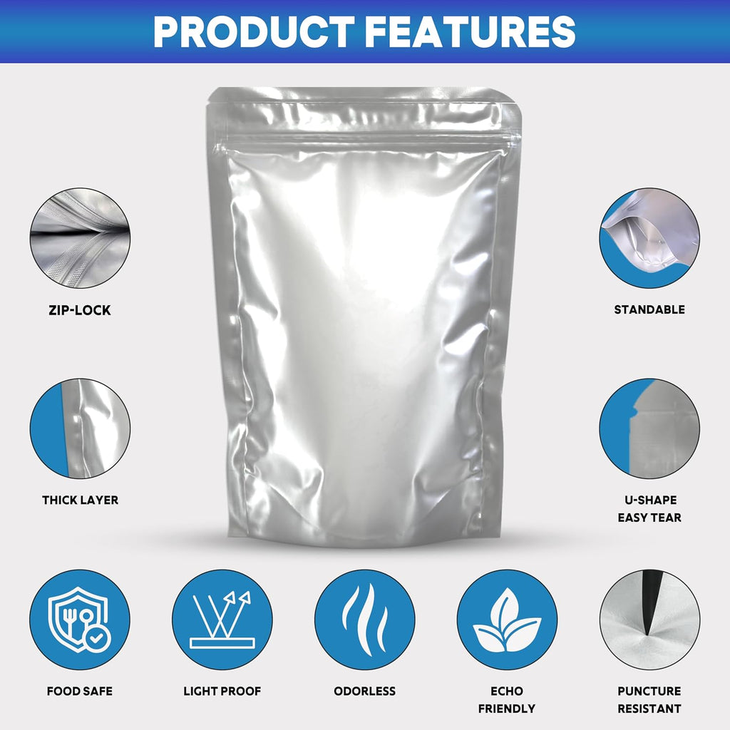 Food Storage Mylar Bags with Oxygen Absorbers, 50 PCS Kit (25 Gallon + 25 Quart), Heavy Duty Heat Sealable Resealable
