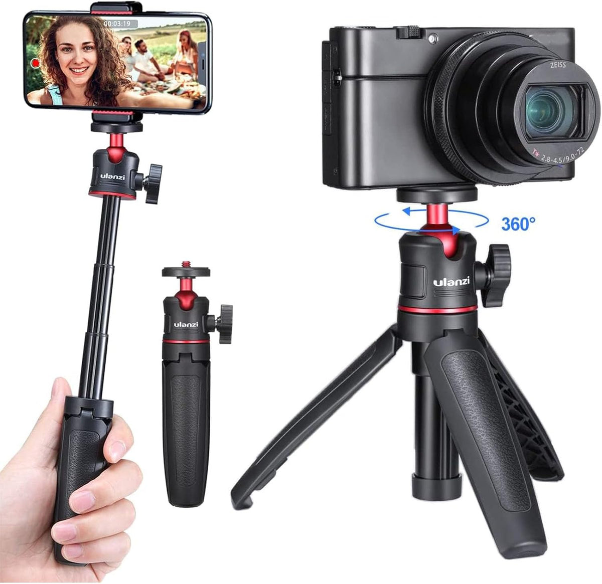 MT-08 Mini Extension Pole Tripod for Phone Camera | Extends to 21.3in, Phone Holder Included w Cold Shoe Mount