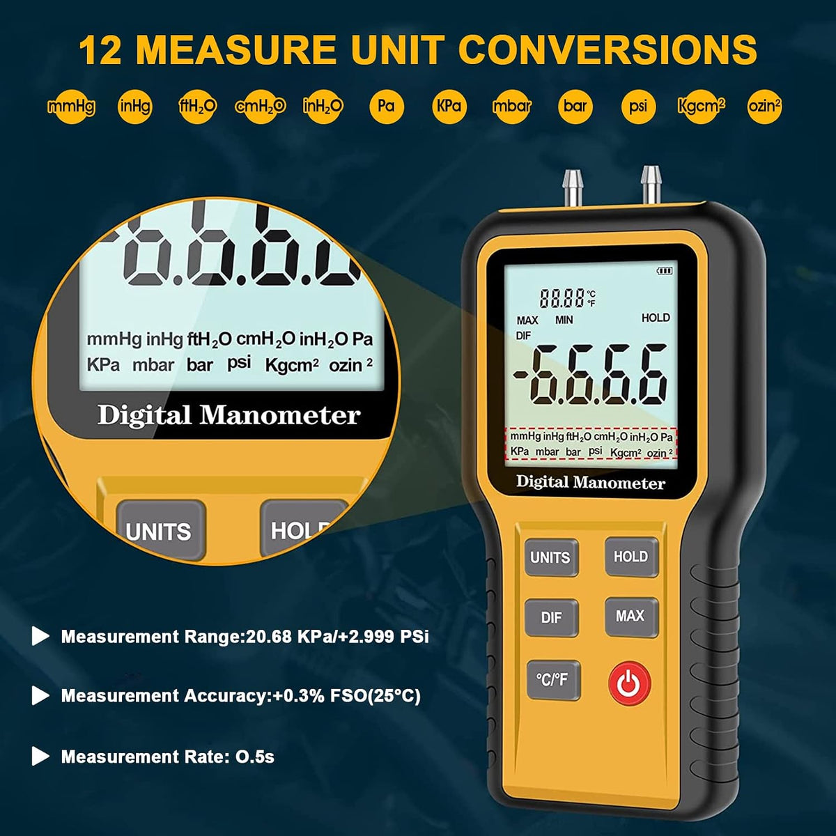 Manometer HVAC Gas Pressure Tester, Dual-Port Digital Monometer