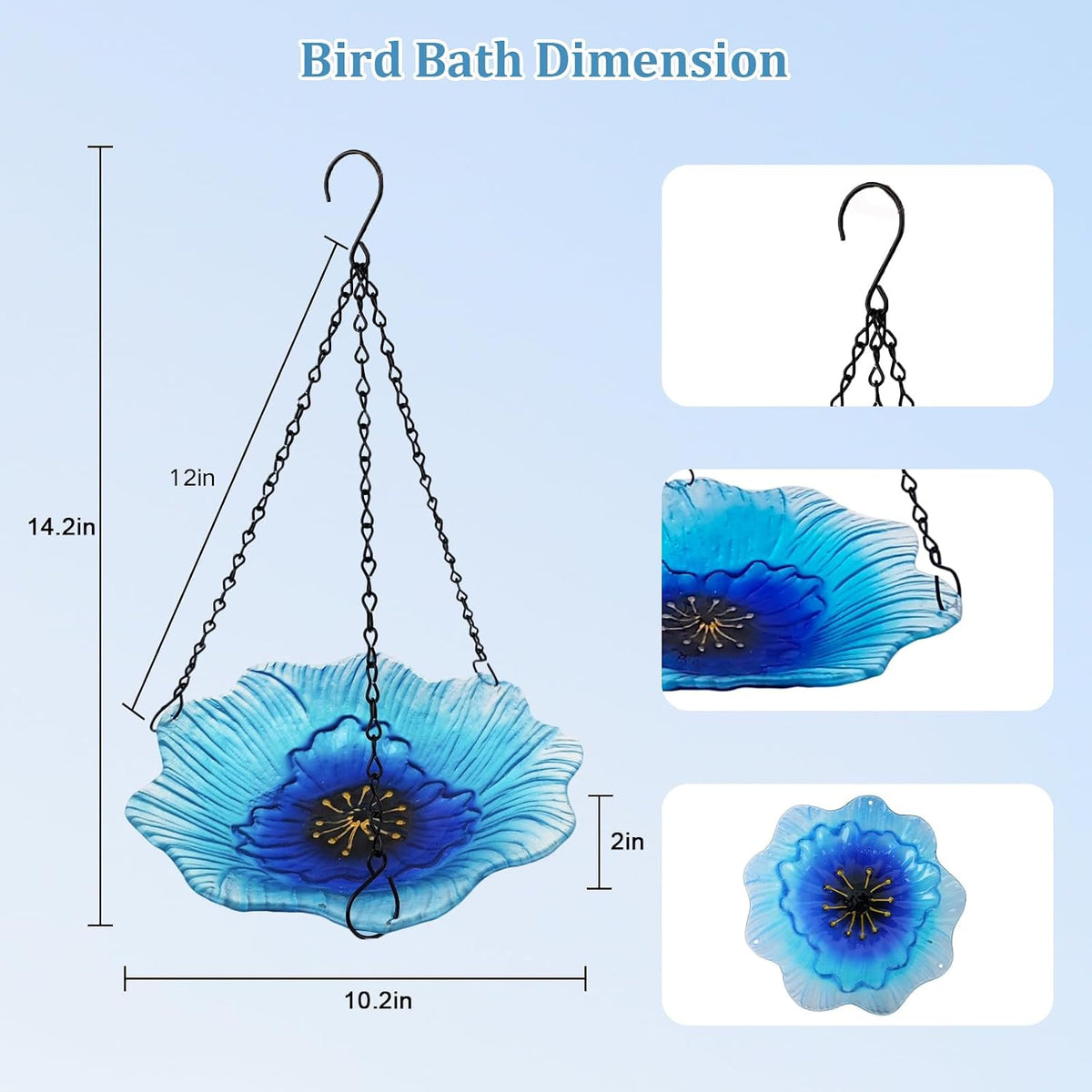 2 in 1 Floral Glass Bird Bath & Feeder - Hanging or Freestanding Outdoor Bird Bath with Sturdy 5-Pronged Base for