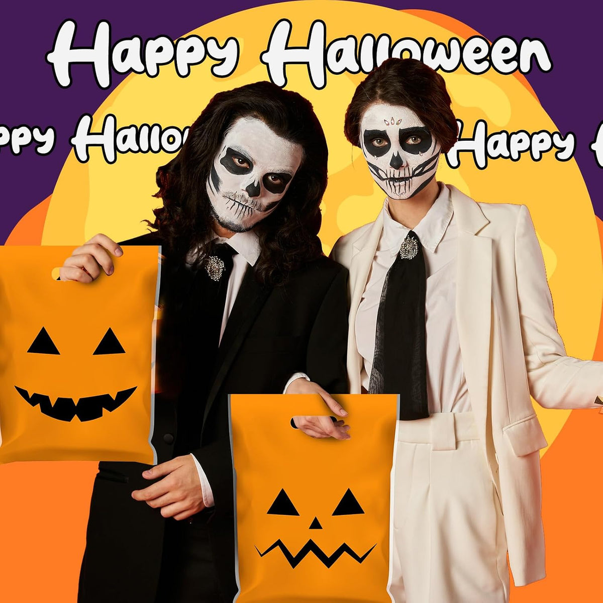 48 Pcs Large Plastic Halloween Pumpkin Gift Bags Bulk