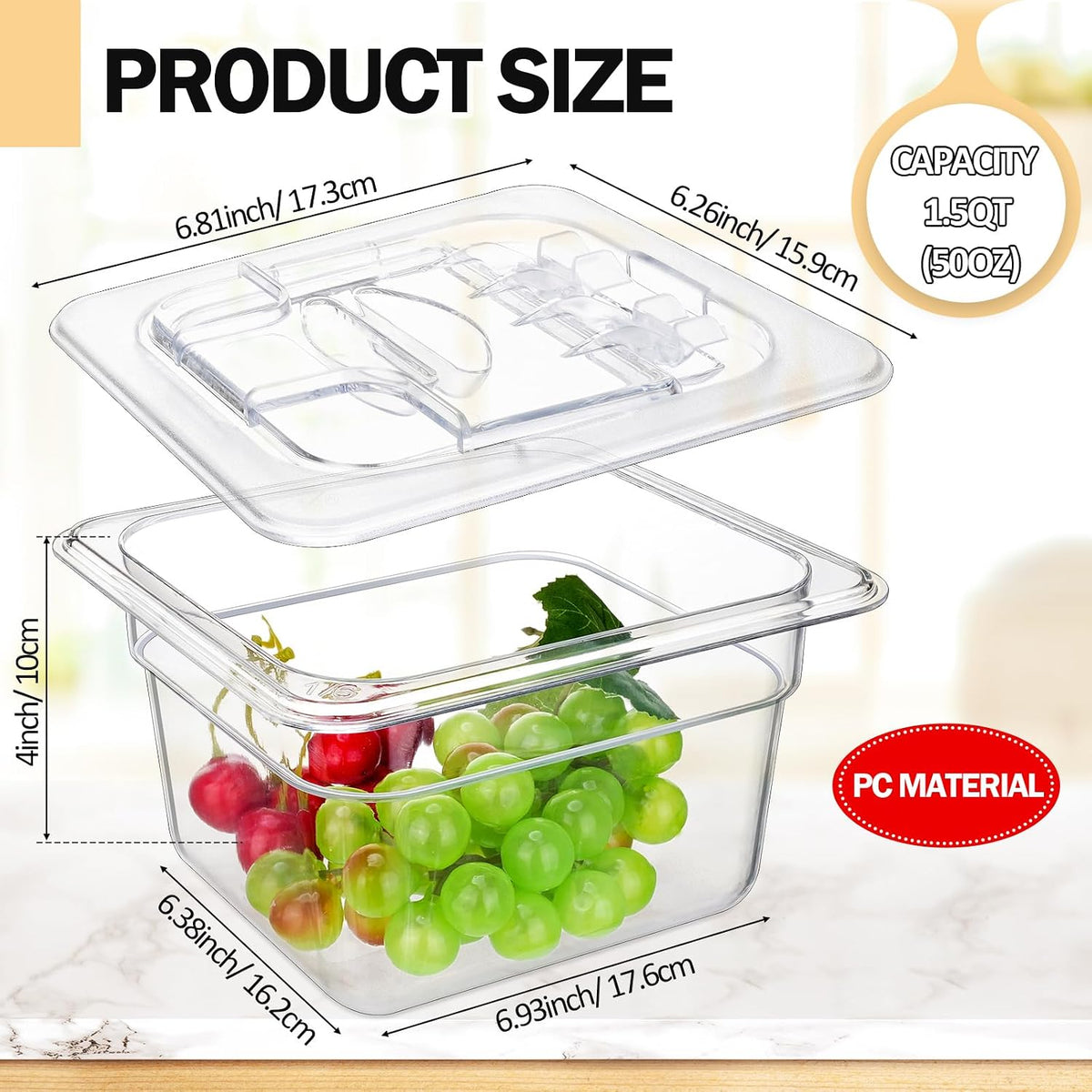 12 Packs 12 Packs Plastic Food Pan with Lid 1/6 Size 4" Deep, Clear