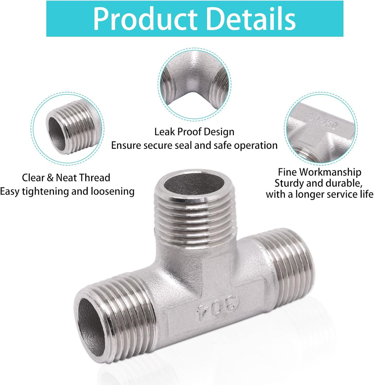 1/2" x 1/2" x 1/2" NPT Male Pipe Fitting, 304 Stainless Steel Tee Pipe Fittings, 3 Way T Shaped Tee Connector, 2 Pack