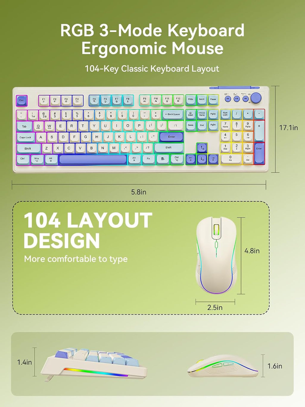 Wireless Keyboard and Mouse Combo, RGB Backlit Rechargeable 2000 mAh Battery, Wireless Computer Keyboards, Tri-Mode