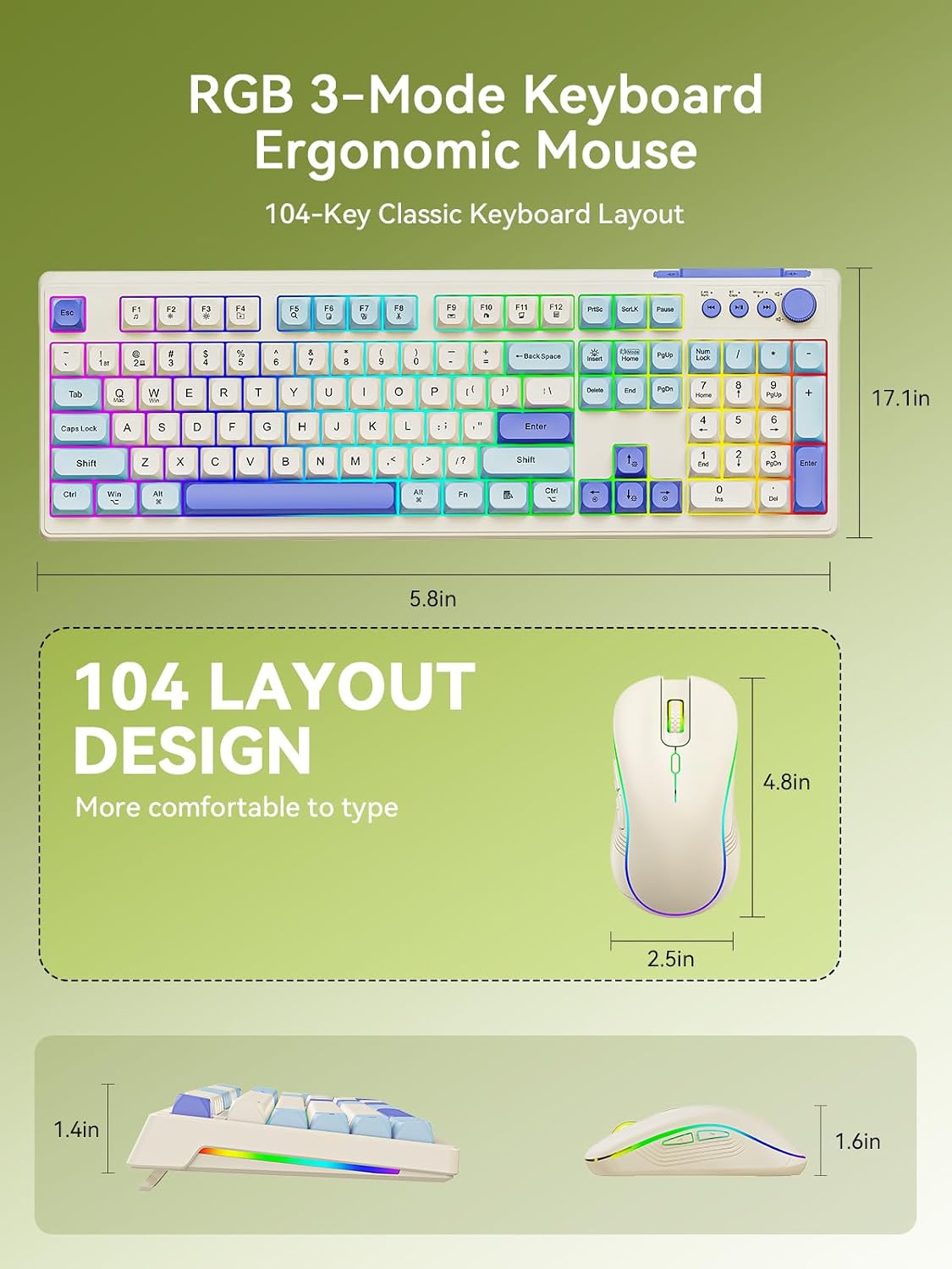 Wireless Keyboard and Mouse Combo, RGB Backlit Rechargeable 2000 mAh Battery, Wireless Computer Keyboards, Tri-Mode