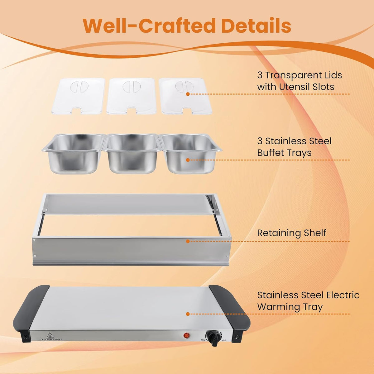Electric Buffet Server & Warming Tray, 3 Stainless Steel Pans with Lids, Adjustable Temperature, Dishwasher Safe