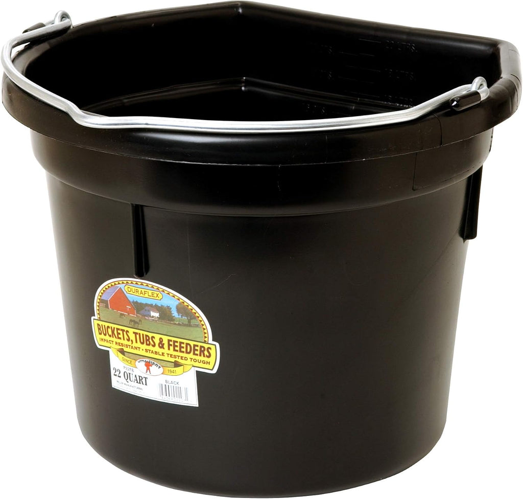 Flat Back Plastic Animal Feed Bucket | Animal Feed Bucket with Metal Handle | Horse Feeder & Waterer Pail | 22 Quarts