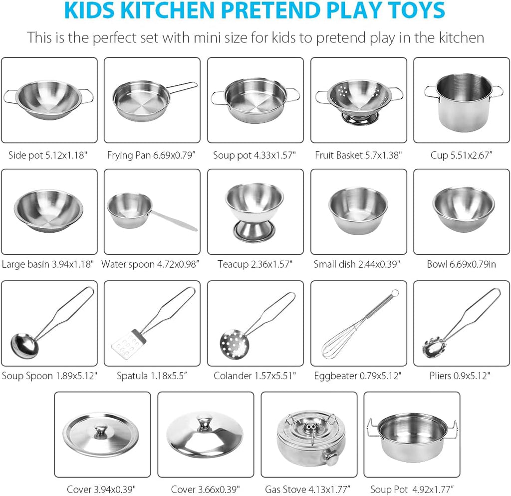 Kids Kitchen Pretend Play Toys, Cooking Toys Play Pots and Pans Set for Kids, 21pcs Small Stainless Steel Kitchen