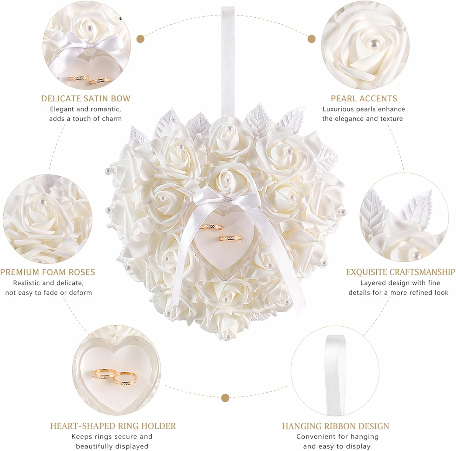 Wedding Ring Pillow White Rose Ring Bearer Pillow with Heart Ring Holder, Satin Ribbon & Pearl Foam Flowers for