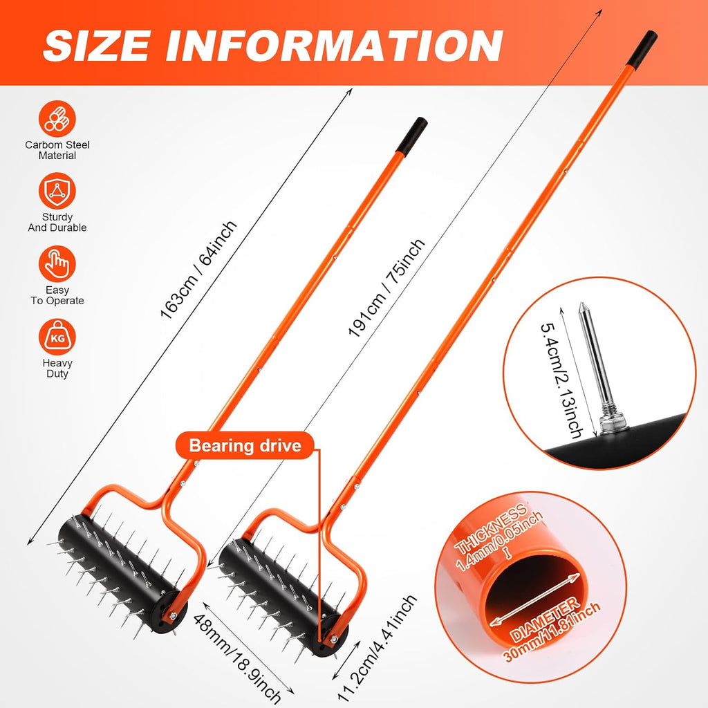 Rolling Lawn Aerator, 21" Soil Penetrator push Aerator for lawn,Preasembled Spike Garden Aerator Tool, 75" Adjustable