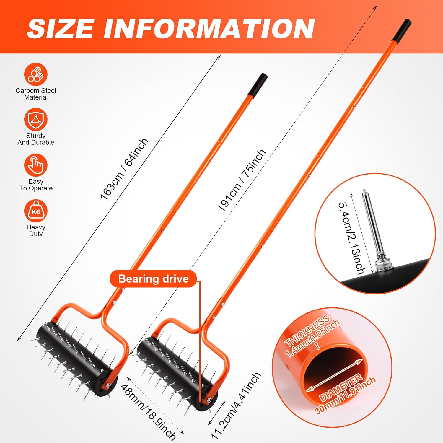 Rolling Lawn Aerator, 21" Soil Penetrator push Aerator for lawn,Preasembled Spike Garden Aerator Tool, 75" Adjustable