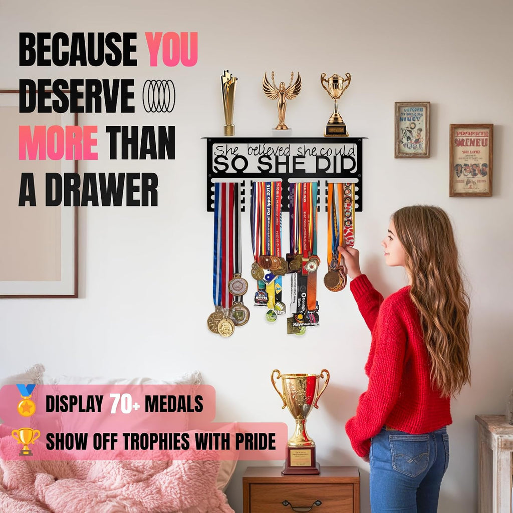 Medal Hanger Display with Trophy Shelf, Wall Mounted Race Medal Holder | 16.2" Metal Medal Rack Holds 70+ Medals