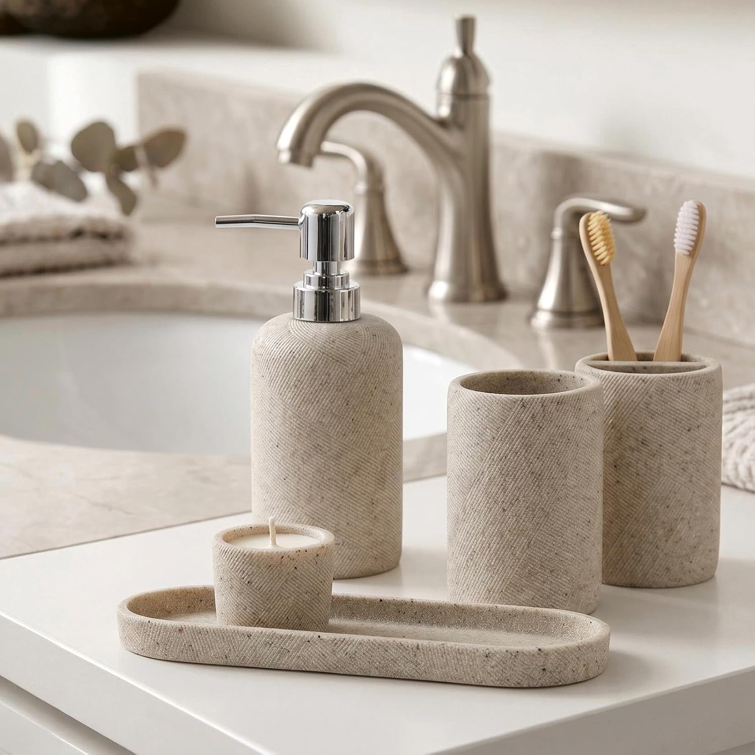 Bathroom Accessories Set,4 PCS Bathroom Organizer,Sand Stone Look,Beige | Simple, Modern Decor, Twill, With 10OZ Soap