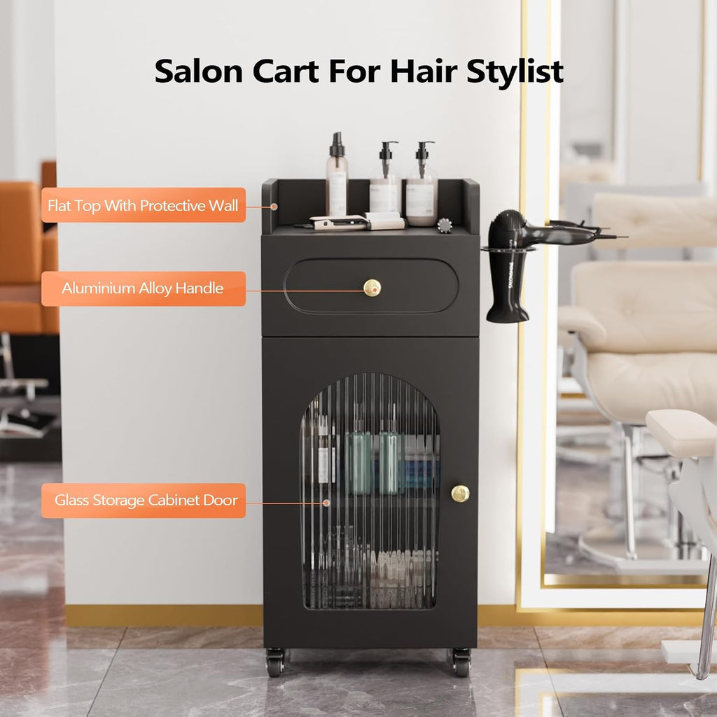Salon Cart with Wheels, 3-Tier Rolling Beauty Cart with Glass Door & Dryer Holder, Mobile Hair Styling Station for