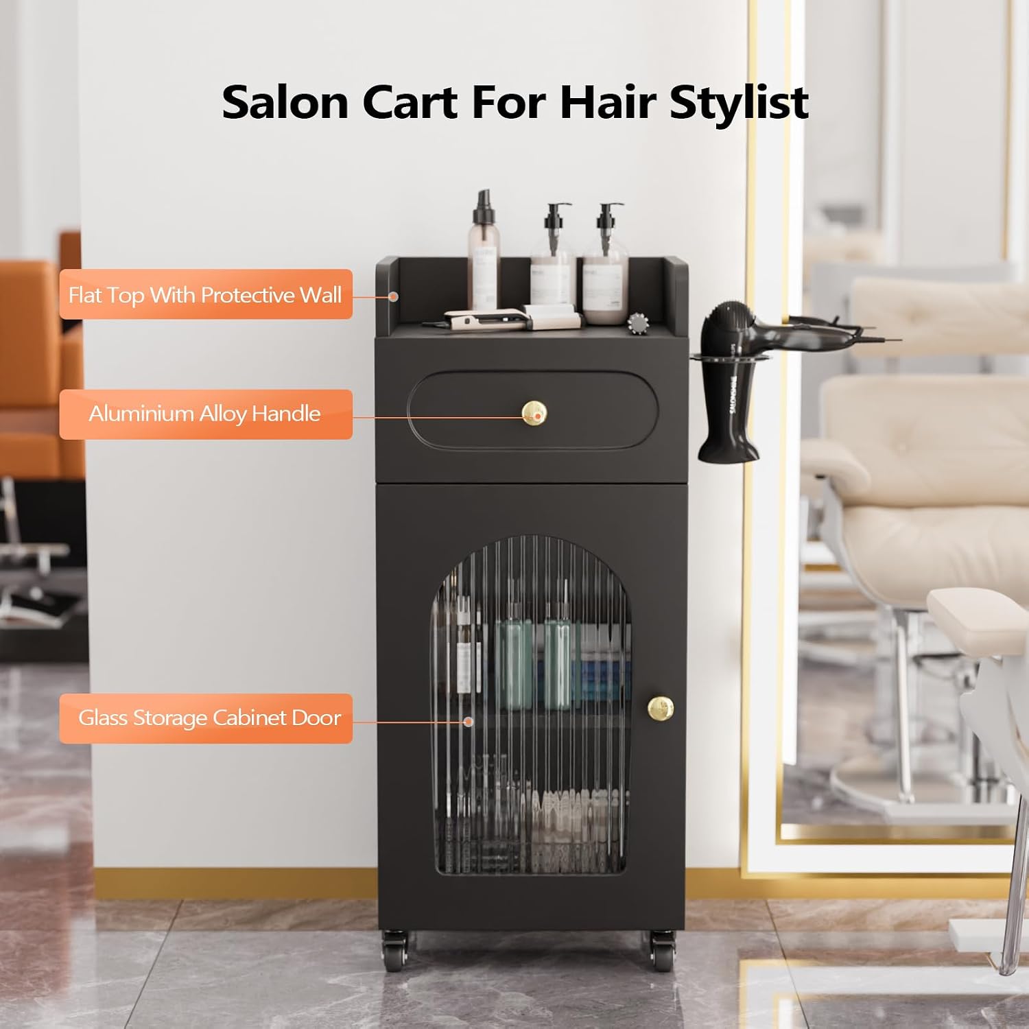 Salon Cart with Wheels, 3-Tier Rolling Beauty Cart with Glass Door & Dryer Holder, Mobile Hair Styling Station for