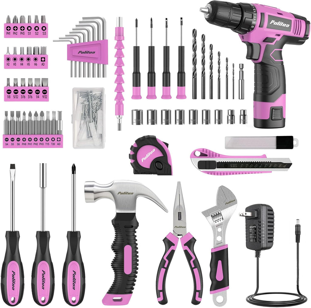 Drill Set, 149-Piece Home Tool Set with 12V Pink Cordless Drill, Tool Box, Hand Tool Kits for Women & Men and DIY