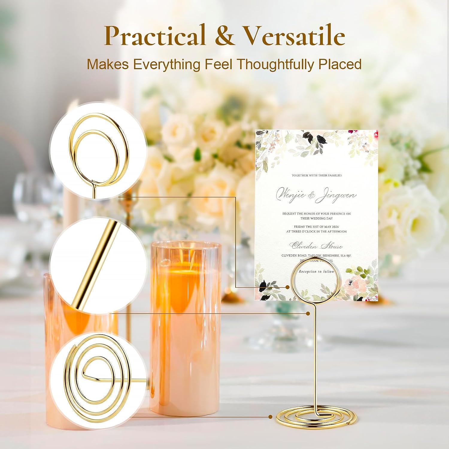 25-Pack Table Number Holders - Place Card Holders | Upgraded 1.58" x 3.35" Glossy Gold Card & Picture Holder with